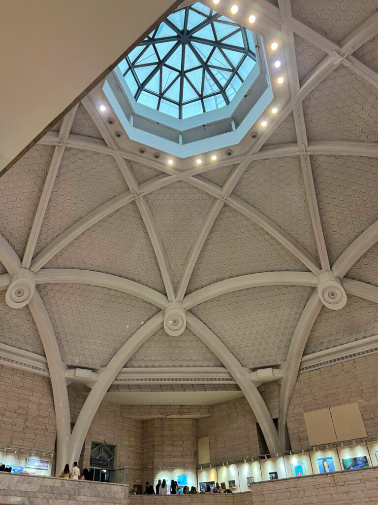 Interior of the Central State Museum of Kazakhstan in Almaty featuring its distinctive domed ceiling and modern exhibition space