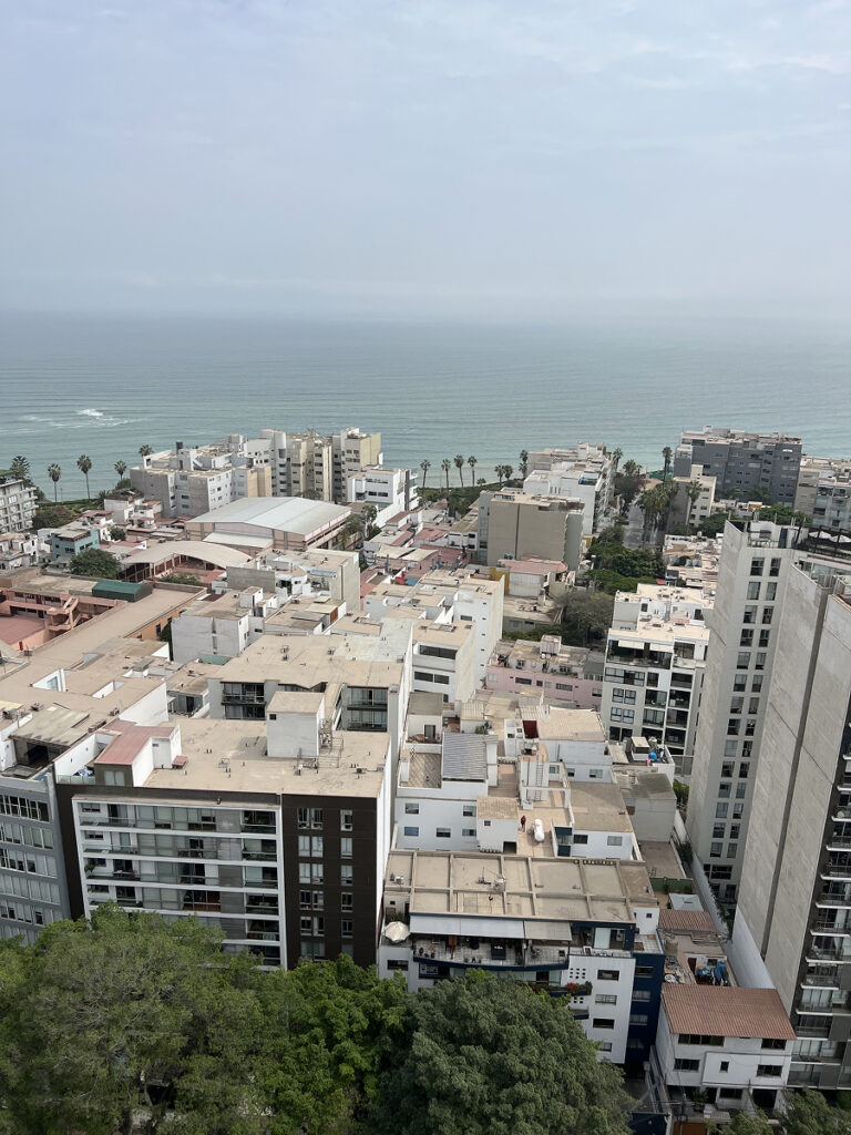 View of Lima’s coastline and Pacific Ocean with mid-rise buildings and trees in the foreground.