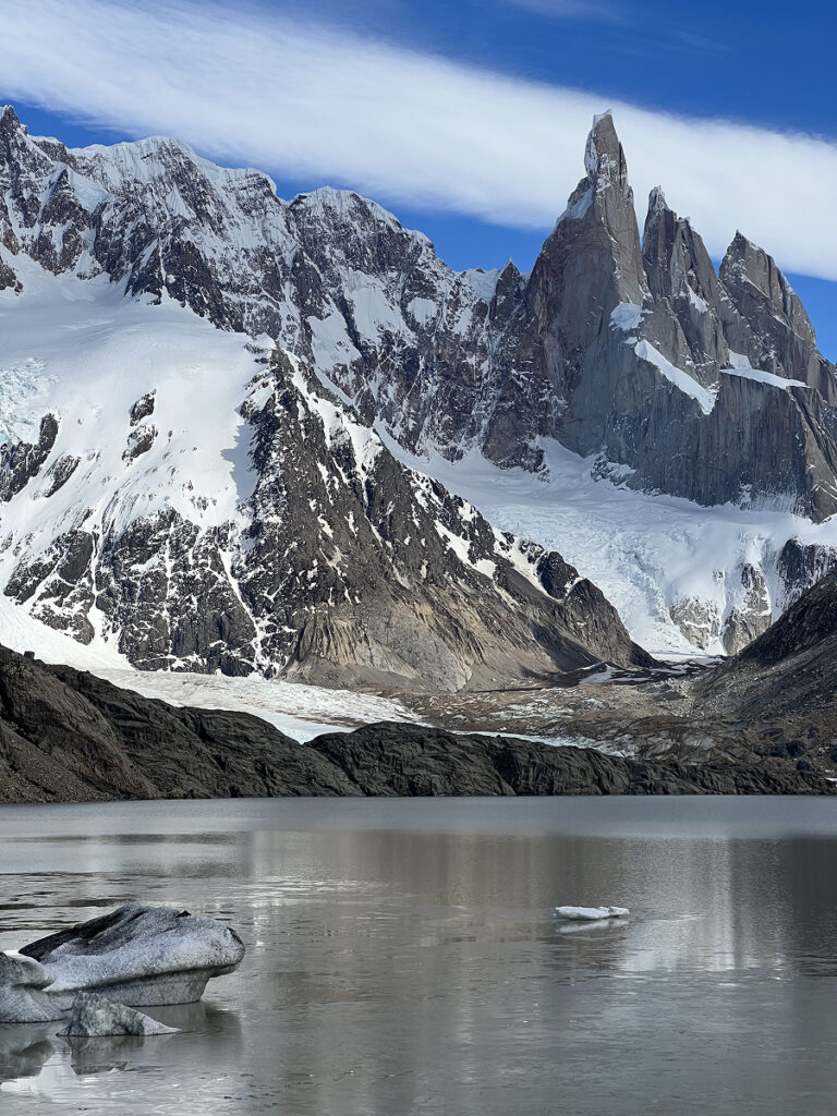 Icy Laguna Torre with dramatic view of Cerro Torre on a clear day in El Chaltén, Argentina