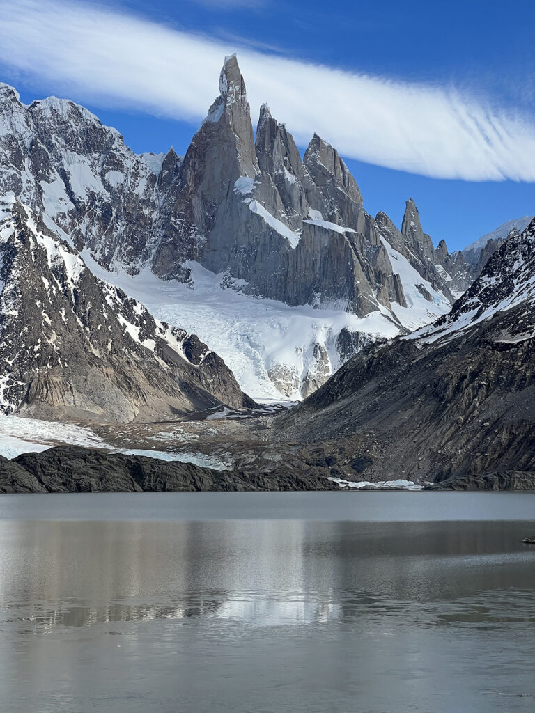 Cerro Torre rising above a glacial lake near El Chaltén in Los Glaciares National Park, Patagonia Argentina.