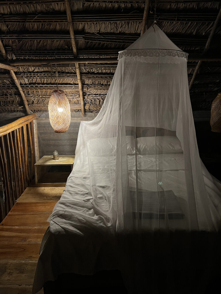 Bedroom in a jungle Airbnb in Nauta, Peruvian Amazon, with mosquito net canopy and rustic wood interior