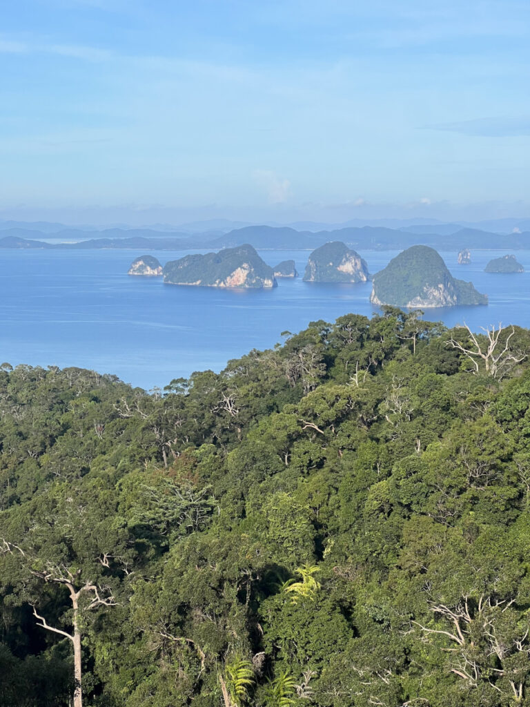 Panoramic view from Khao Ngon Nak in Krabi, Thailand, overlooking lush jungle and limestone islands in the Andaman Sea.