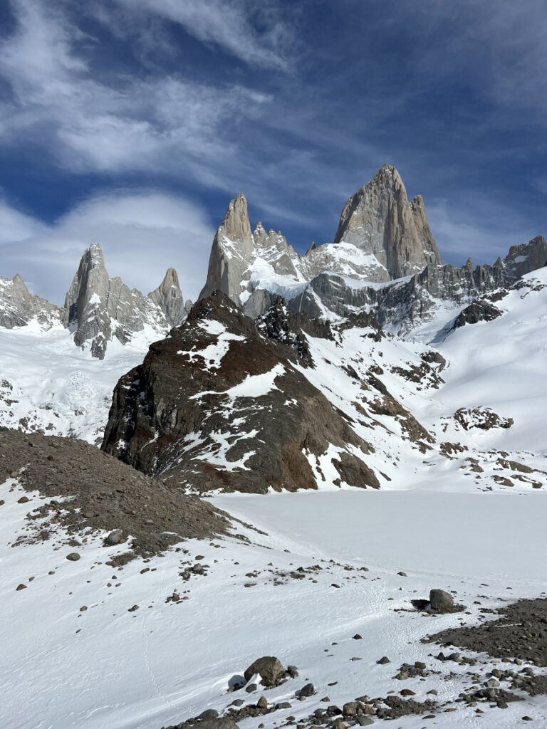 Snowy trail approaching Mount Fitz Roy near Laguna de los Tres, El Chaltén hiking route in Patagonia
