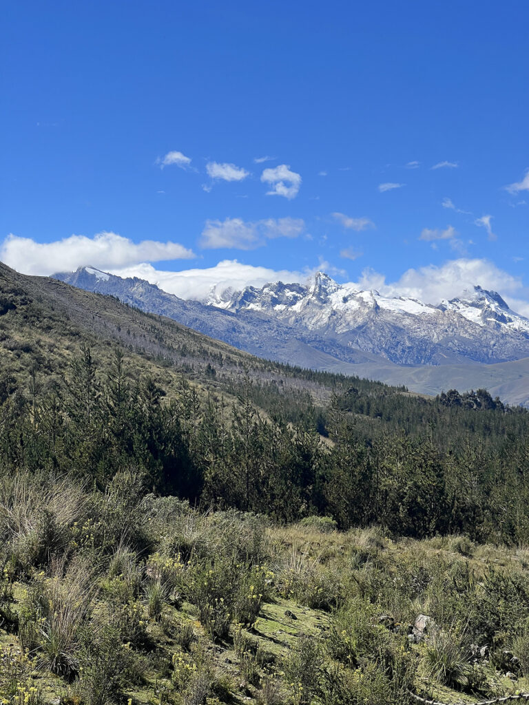 Snow-capped mountain views on the right side of the Laguna Radian hike trail near Huaraz, Peru.