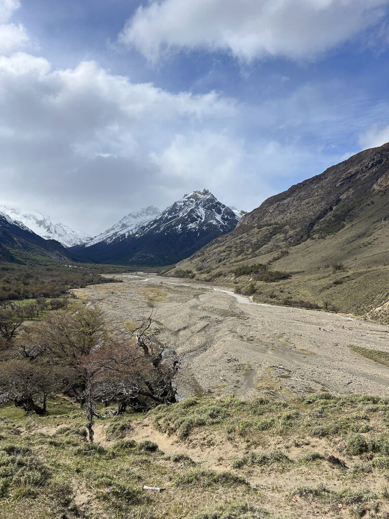 Patagonian mountain views and riverbed near Estancia Bonanza in El Chaltén, Argentina