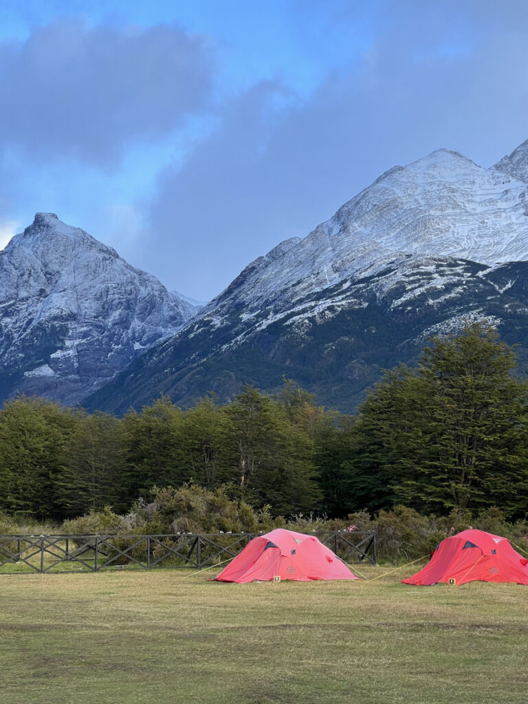 Red tents at Dickson Campground on the O-Trek in Torres del Paine, Patagonia, Chile.